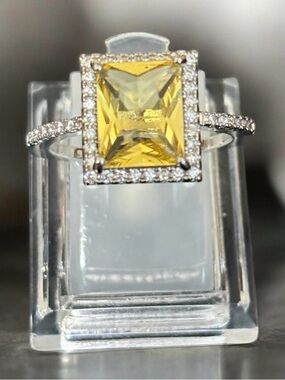 Yellow Square-Cut Halo Ring with Pavé Band